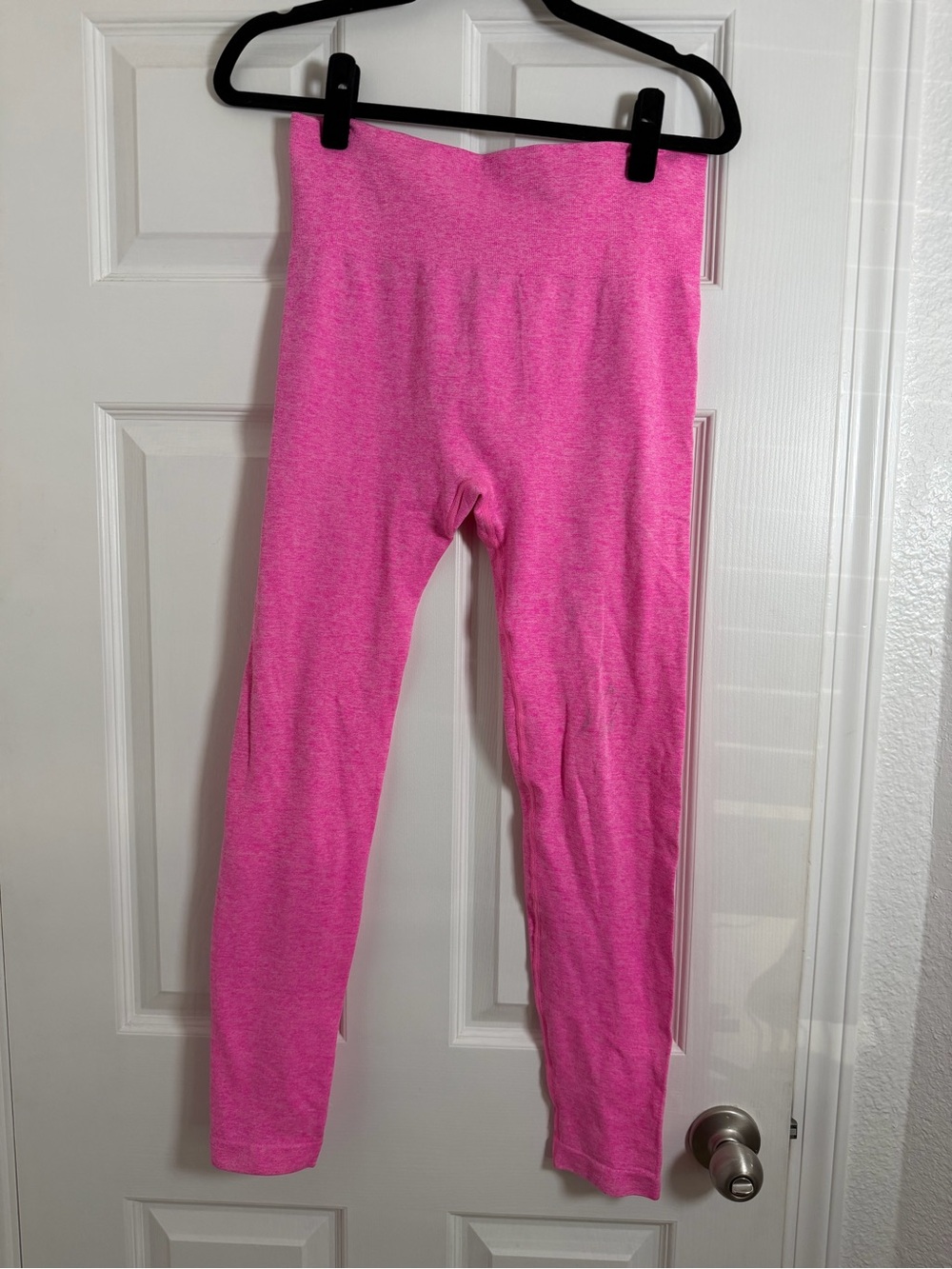 Hot Pink Seamless High Waisted Leggings Ribbed Workout Yoga Size L - Picture 2 of 5